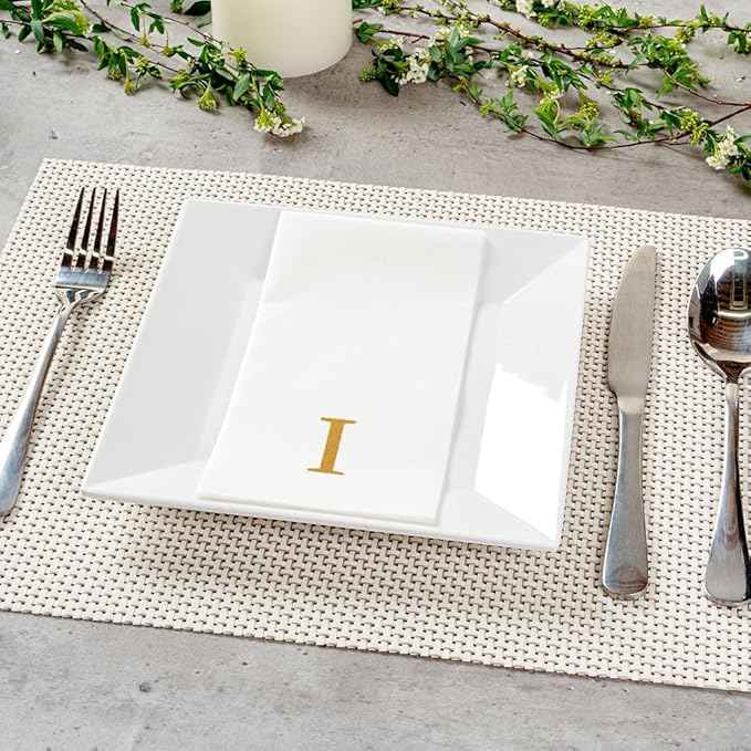 Luxenap 15.8 X 7.9 Inch Linen-Feel Guest Towels, 2000 Lettered Hand Towels - Gold Letter 'I', Sans Serif Font, White Paper Dinner Napkins, airlaid, For Restrooms And Tables