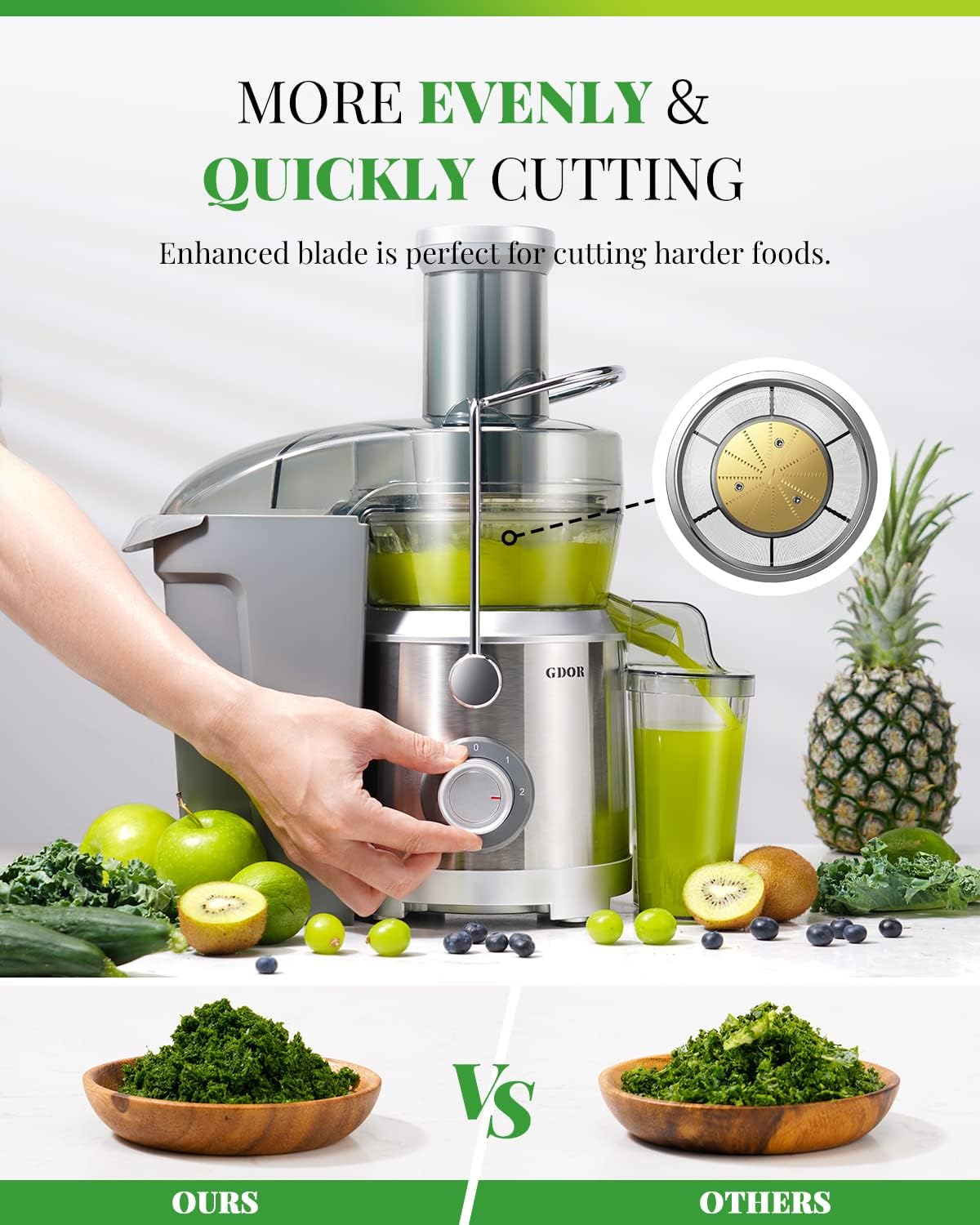 GDOR 1300W 【Extra Large】 Juicer Machines with Larger 3.2” Feed Chute, Titanium Enhanced Cut Disc Centrifugal Juice Extractor, Full Copper Motor Heavy Duty for Whole Fruit and Vegetable, Silver, XL