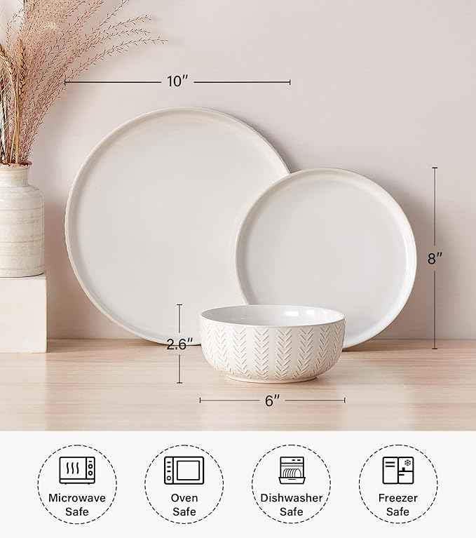 24 Piece Dinnerware Sets for 8 - Farmhouse Style Stoneware Plates and Bowls Sets - Scratch Resistant & Dishwasher Safe, Embossed Boho Ceramic Dish Set, Stack Compactly Dishware - Vintage White