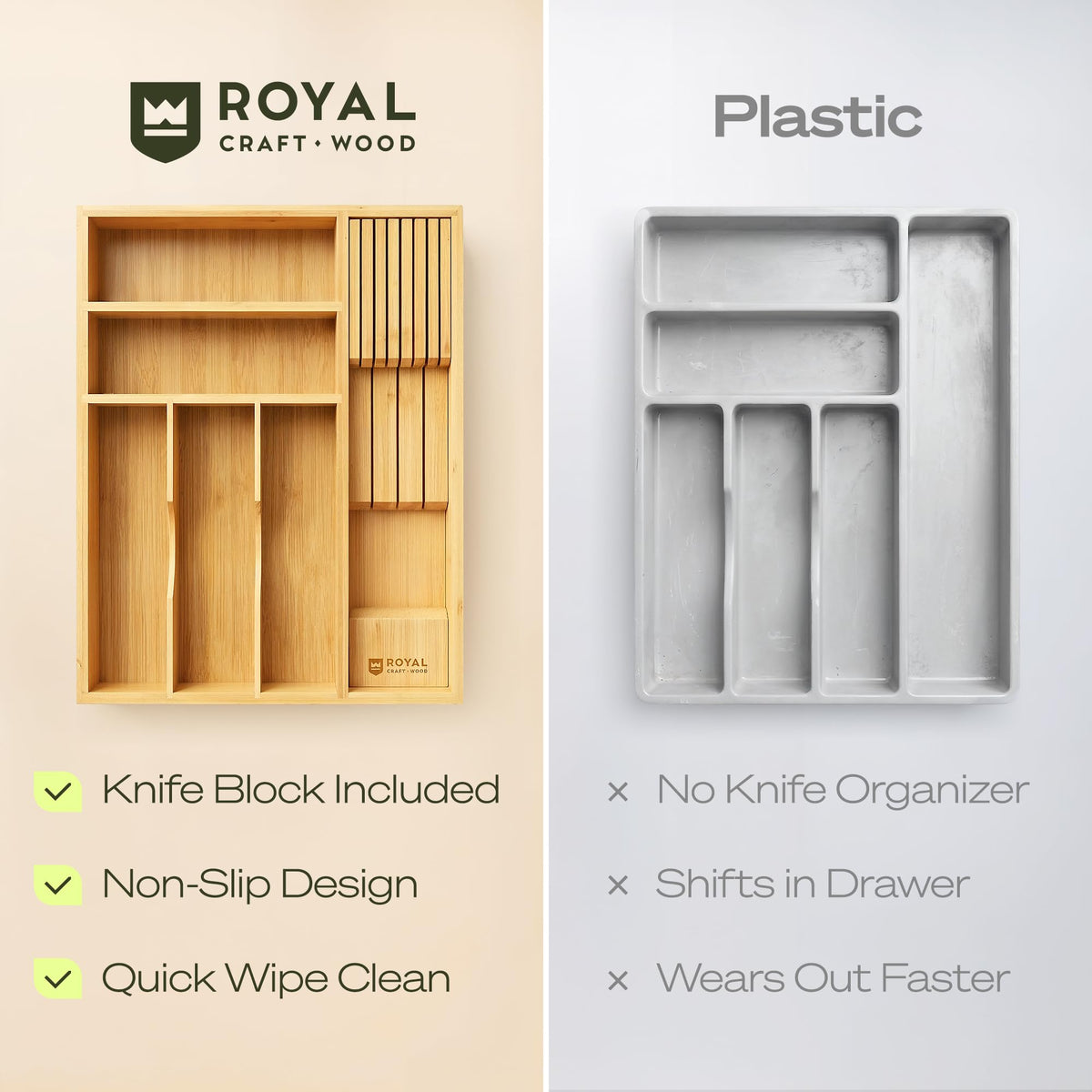 Drawer Organizer with Knife Block for Kitchen Organization (Natural / 6 Slot)