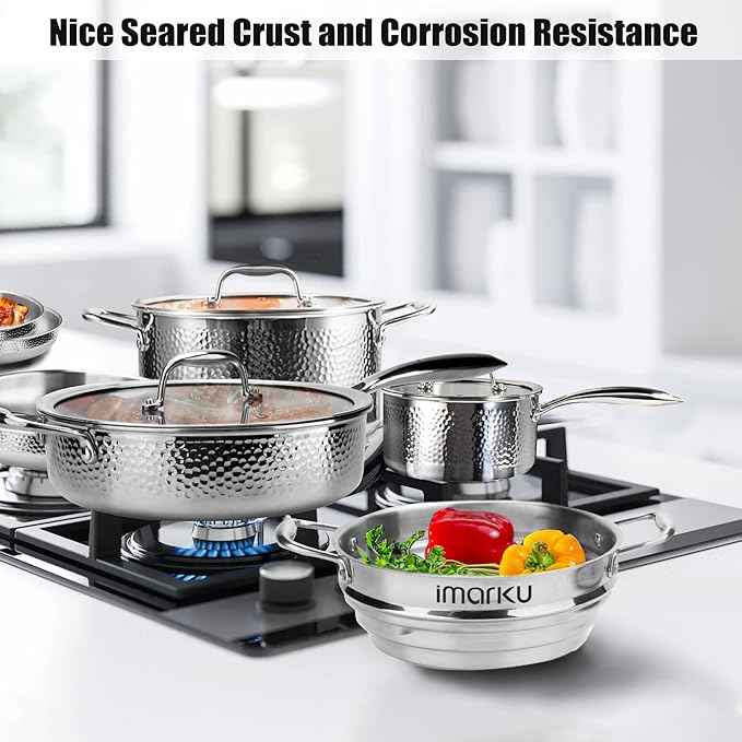 imarku Pots and Pans Set, 14PCS Kitchen Cookware Sets Tri-Ply Clad Stainless Steel with Hangered Handle and Lids, Suits Ceramic and Induction, Oven and Dishwasher Safe, Best Gifts for Women Man