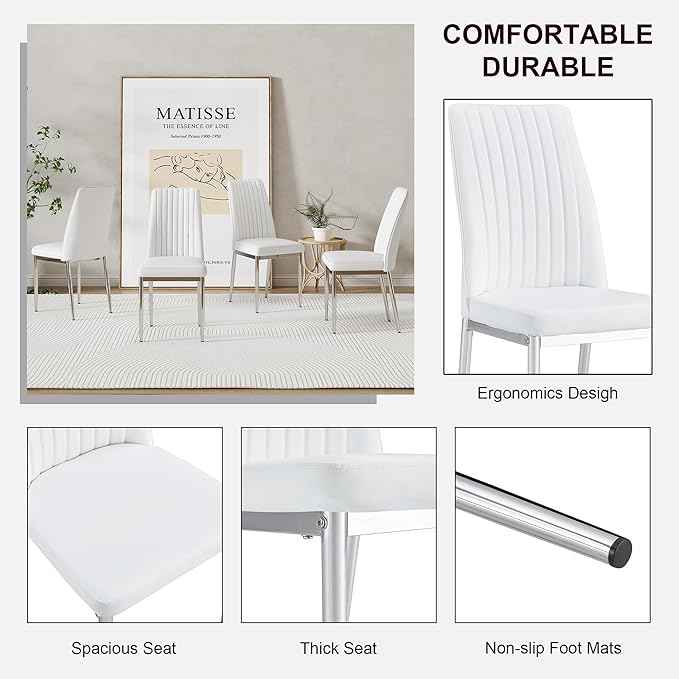 White Modern Dining Chairs Set - PU Leather Armless Upholstered Chairs with Chrome Legs for Dinner Room, Waiting Room (Set of 8, White)