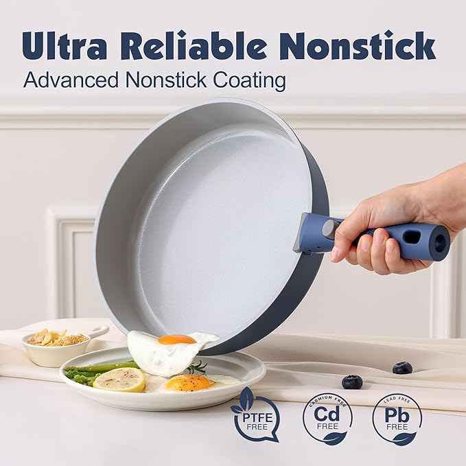 SENSARTE 17 Piece Ceramic Pots and Pans Set, Nonstick Detachable Handle Cookware, Induction Kitchen Cookware Set with Removable Handle, Dishwasher ＆ Oven Safe (Navy)