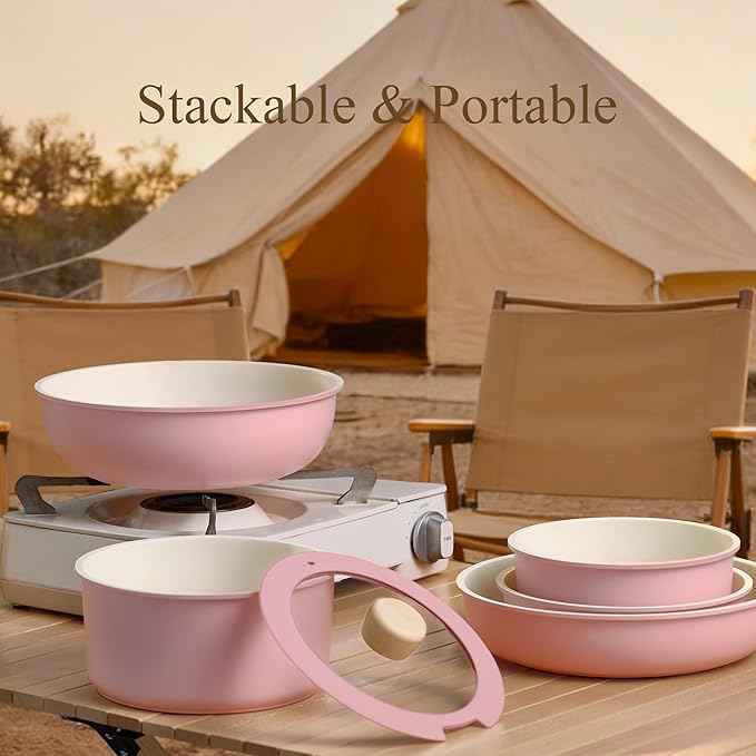CAROTE Pots and Pans Set, Nonstick Cookware Set Detachable Handle, 19pcs Induction Kitchen Cookware Sets Non Stick with Removable Handle, RV Cookware Set, Oven Safe, Pink