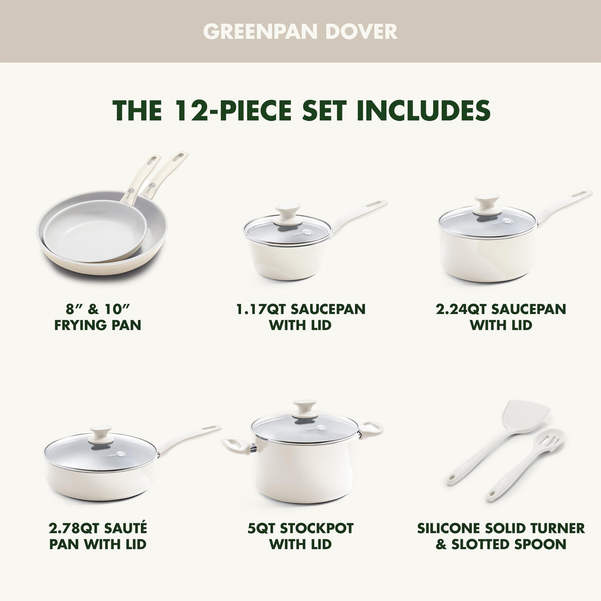 Dover Healthy Ceramic Nonstick (12 Piece Cookware Set / Cream White)