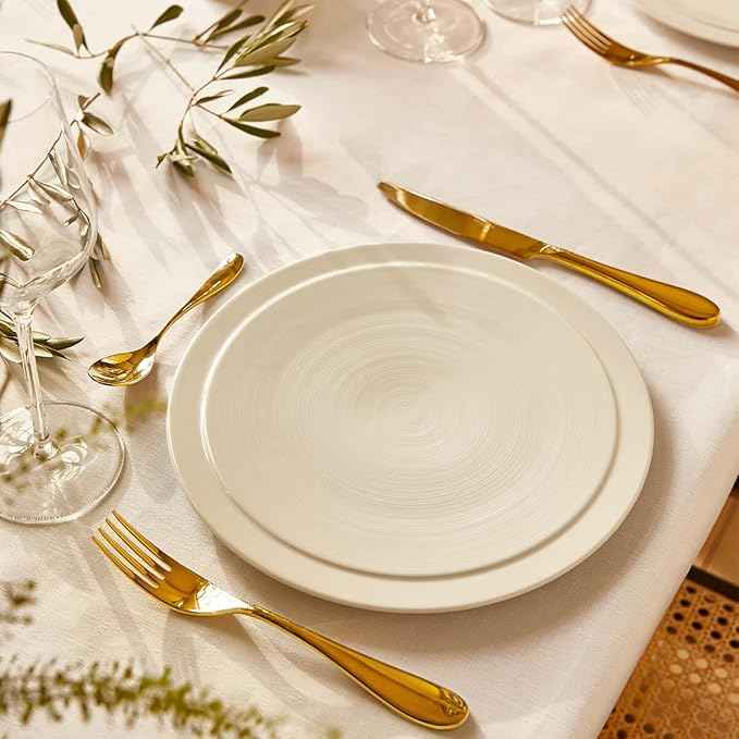 DEGRENNE Bahia French Salad Plate Set - Luxury Stoneware Dish Set for 4, Modern Ceramic Dishware for Kitchen, Made in France, Microwave Safe, Dishwasher Safe, 9” - Dune