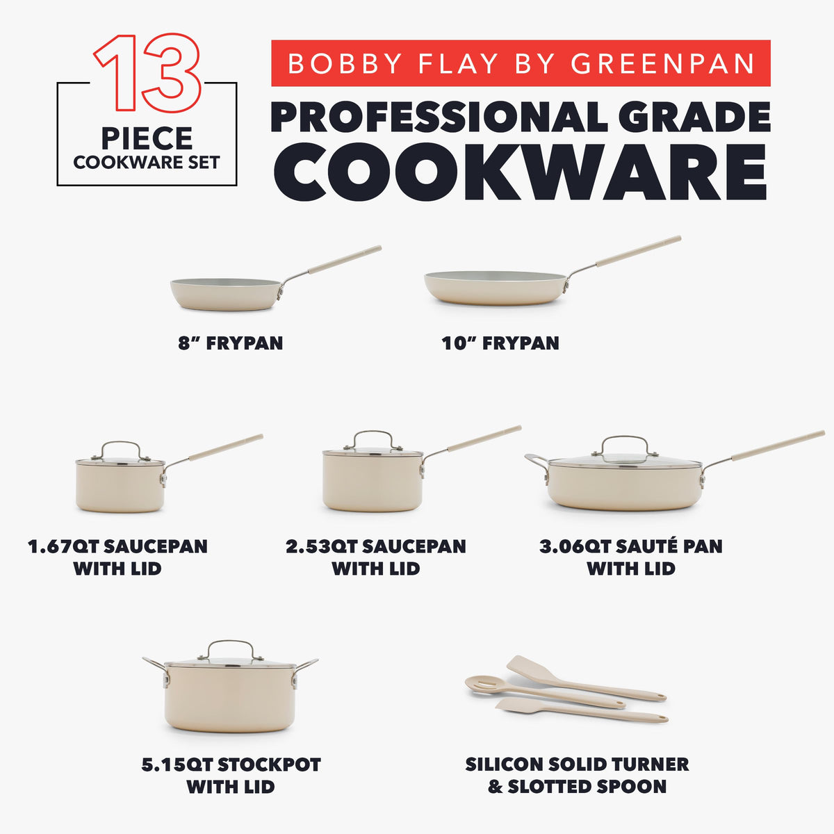 x Bobby Flay 13 Piece Ceramic Nonstick Cookware Set (13 Piece Cookware Set / Cream)
