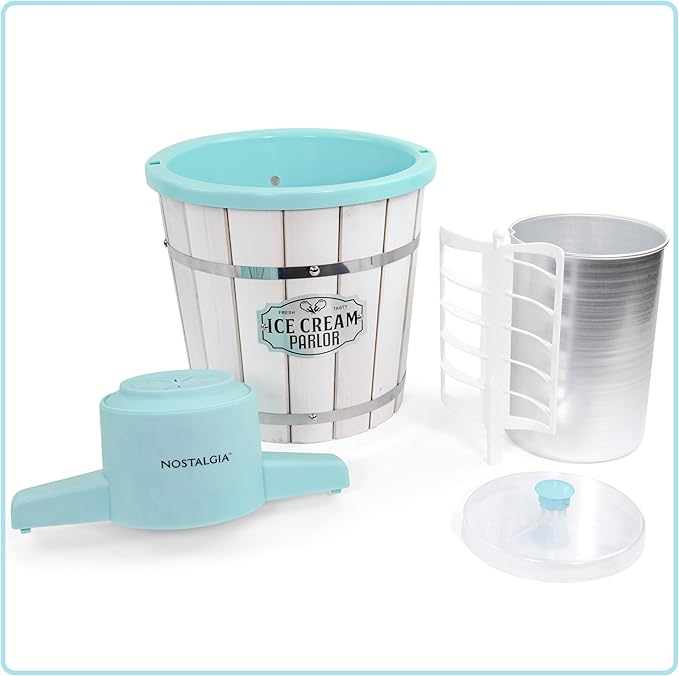 Nostalgia Electric Ice Cream Maker – Wood Bucket Parlor Style, Old Fashioned Soft Serve Ice Cream Machine Makes Frozen Yogurt or Gelato in Minutes - Fun Kitchen Appliance – White & Aqua - 4 Quart