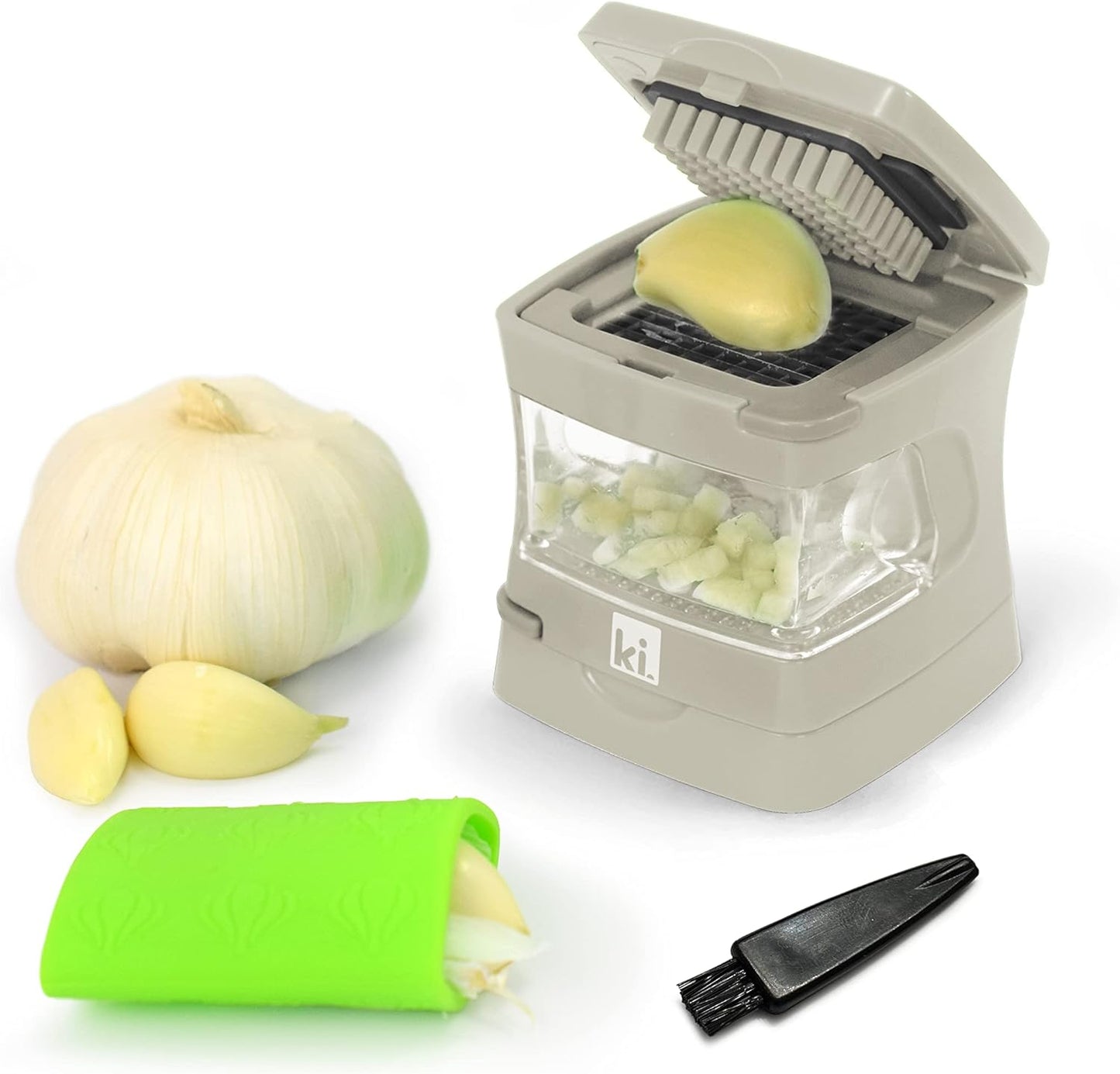 Garlic-A-Peel Garlic Press, Crusher, Cutter, Mincer, and Storage Container - Includes Silicone Garlic Peeler - Easy to Clean - Stainless Steel Blades – (Cream), standard - HomeSpice