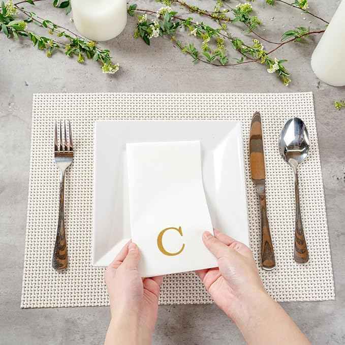 Luxenap 15.8 X 7.9 Inch Linen-Feel Guest Towels, 2000 Lettered Hand Towels - Gold Letter 'C', Sans Serif Font, White Paper Dinner Napkins, airlaid, For Restrooms And Tables - Restaurantware