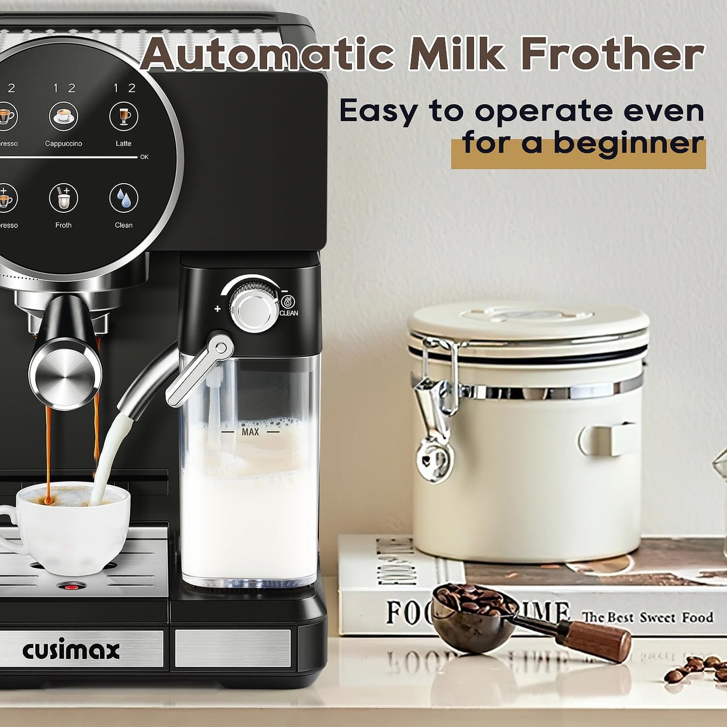 CUSIMAX Espresso Machine for Home, 20 Bar Expresso Coffee Machine,One-touch Control,Automatic Milk Frother,Compact Black Stainless Steel Cappuccino Machine,Ideal for Offices and Homes