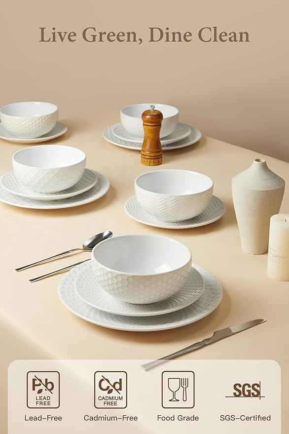 24 Piece Dinnerware Sets for 8, Premium Stoneware Plates and Bowls Sets, Microwave & Dishwasher Safe, Elegant Dishes for Entertaining & Special Occasions – A Stunning Gift for Large Families