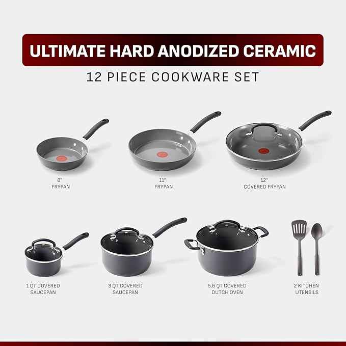 T-Fal Ultimate Hard Anodized 12-Piece Ceramic Nonstick Cookware Set, Oven Safe Up to 400°F, Ceramic Pots and Pans Set, Frying Pans, Saucepan, Stockpot, Cooking Utensils, Grey