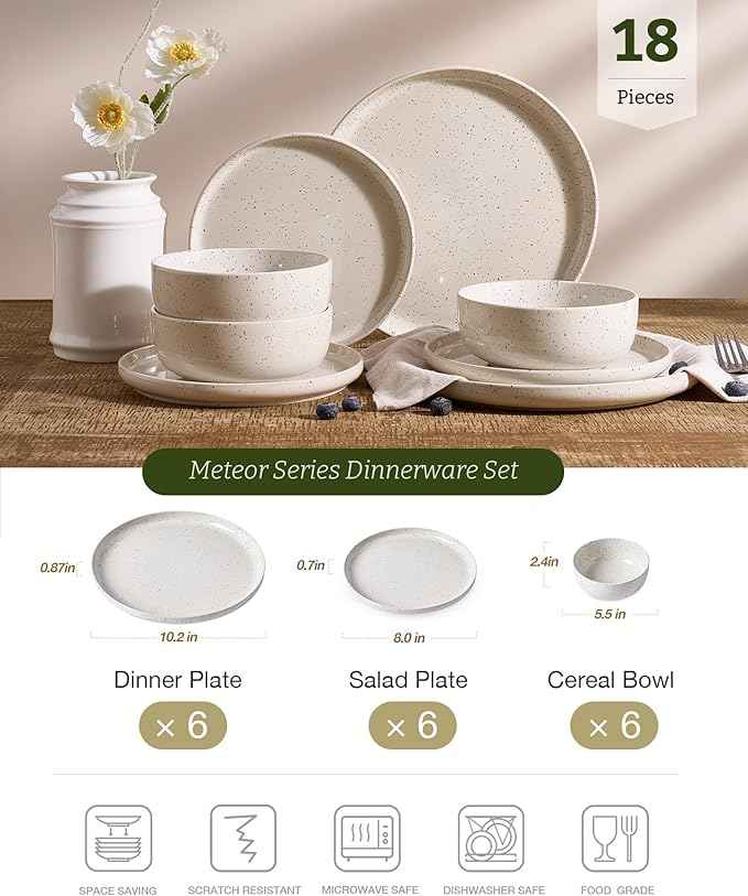 Famiware Meteor Plates and Bowls Sets, 18-Piece Stoneware Dinnerware Sets, Dishes Set for 6, Microwave and Dishwasher Safe Tableware, Creamy White