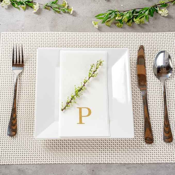 Luxenap 15.8 X 7.9 Inch Linen-Feel Guest Towels, 2000 Lettered Hand Towels - Gold Letter 'P', Sans Serif Font, White Paper Dinner Napkins, airlaid, For Restrooms And Tables