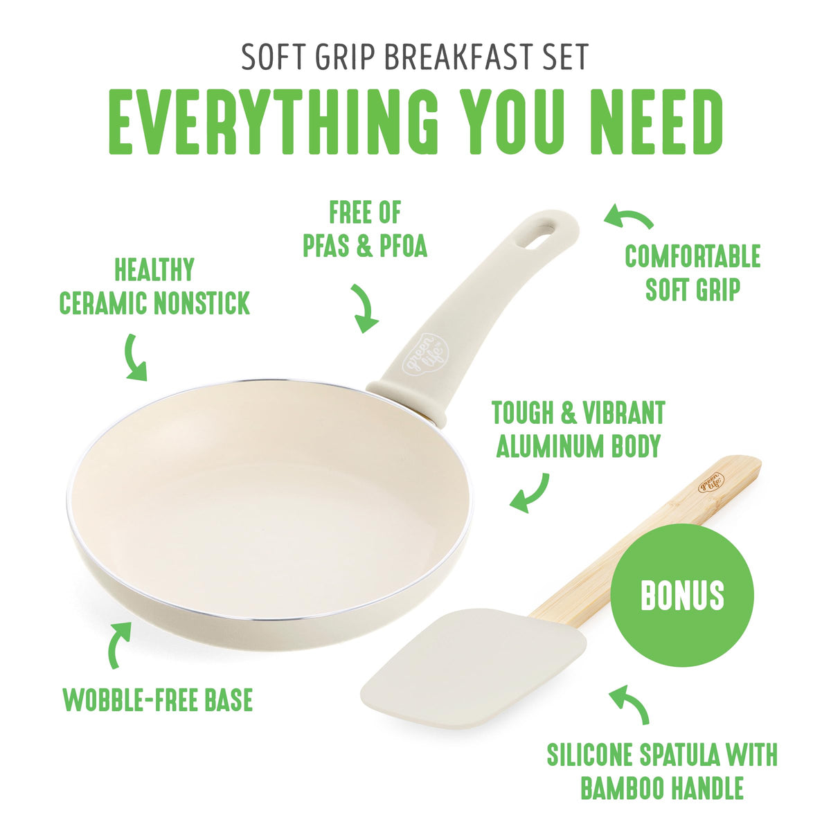 Soft Grip 8” Frypan Skillet and Spatula Breakfast Cookware Set (8" Frypan + Spatula / Cream)
