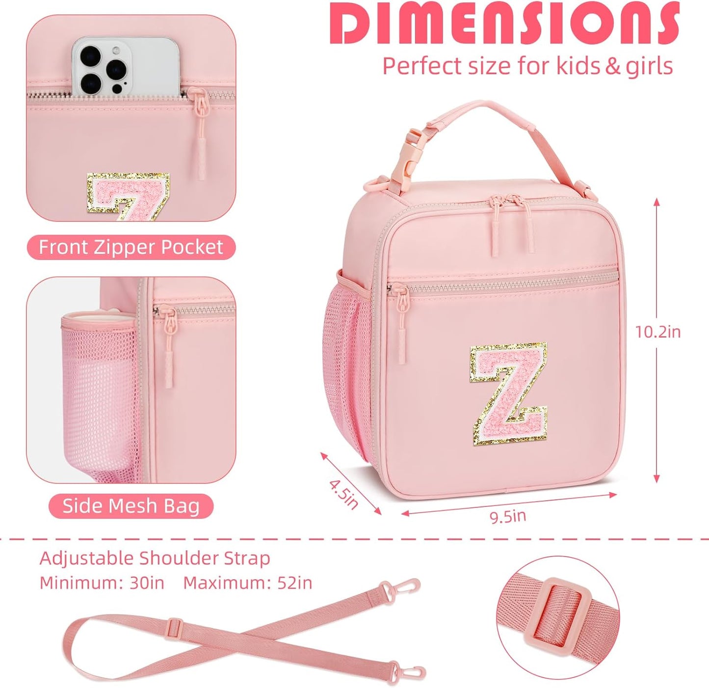 Initial Insulated Lunch Bag for Girls Kids, Back to School Gift, Reusable Leak-proof Lunch Box with Adjustable Strap for School Daycare Travel Picnic (Pink,Z)