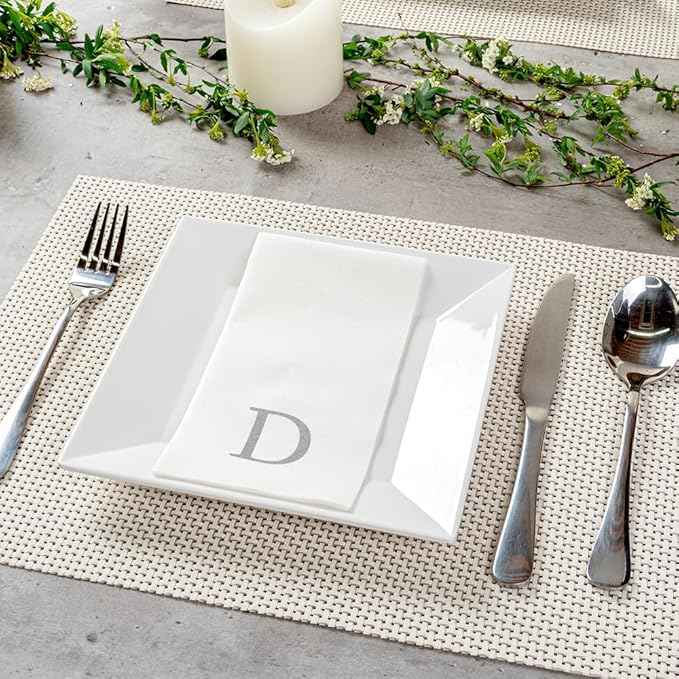 Luxenap 15.8 X 7.9 Inch Linen-Feel Guest Towels, 50 Lettered Hand Towels - Silver Letter 'D', Sans Serif Font, White Paper Dinner Napkins, airlaid, For Restrooms And Tables - Restaurantware