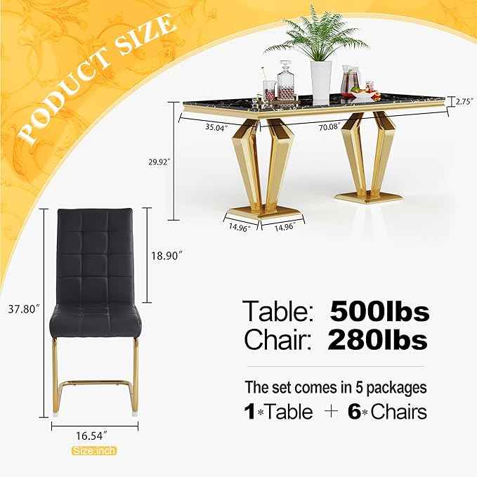 7 Piece Luxury Dining Room Set, Modern Dining Table and Upholstered Chairs Set, Marble Kitchen Table Set for 6, Big Kitchen Dinner Tables Kit with Silver Base