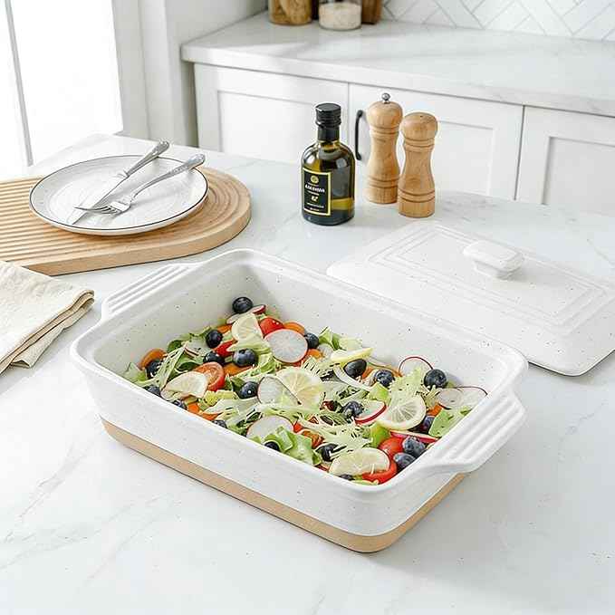 HVH Ceramic Casserole Dish with Lid - Oven Safe, 9x13 Rectangular Baking Dish, 3.5 Quart, Farmhouse Style (White)