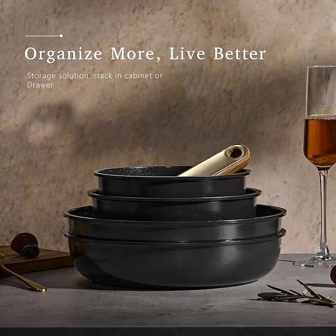 CAROTE 15Pcs Ceramic Cookware Set, Pots and Pans Set Non stick, Kitchen Cooking Set with Detachable Handle, Non Toxic Induction Cookware, Dishwasher/Oven Safe, PFAS Free, Black&Gold