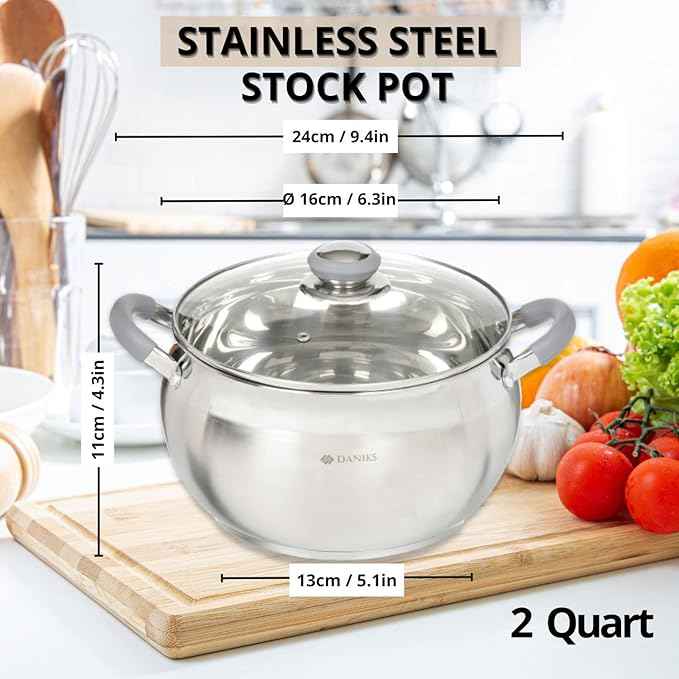 Daniks Modern 2 Quart Stainless Steel Stock Pot with Glass Lid, Tri-Ply Bottom for Even Heating, Induction Compatible, Dishwasher Safe, Heatproof Handles