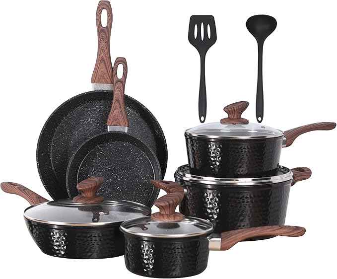 Kitchen Academy Induction Pots and Pans Set Non Stick - 12 Pcs Nonstick Kitchen Cookware Set, Black Hammered Cooking Pans Set