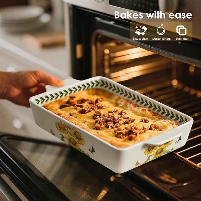 ACMLIFE Ceramic Casserole Dish Set, Ceramic Baking Dish for Oven, Casserole Dish Bakeware Set, Casserole Dishes for Oven, Lasagna Pan, Large Baking Dishes with Handles, Microwave, Dishwasher Safe, Gift Packaging Floral 2 Pcs Set(13"x8"+10.3"x6.3") (Sun...
