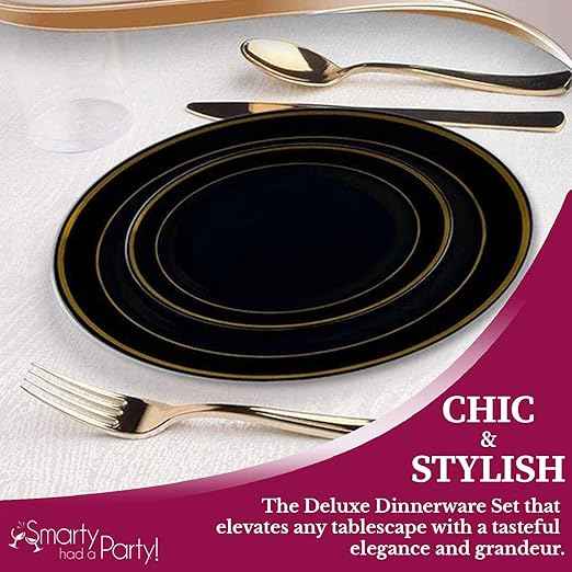 720 PCS Premium Plastic Dinnerware Set for 120 Guests, Black and Gold Rim Plates Disposable Heavy Duty, Including 120 Dinner Plates, 120 Dessert Plates, 120 Cups 10 oz. & 120 Gold Cutlery Set