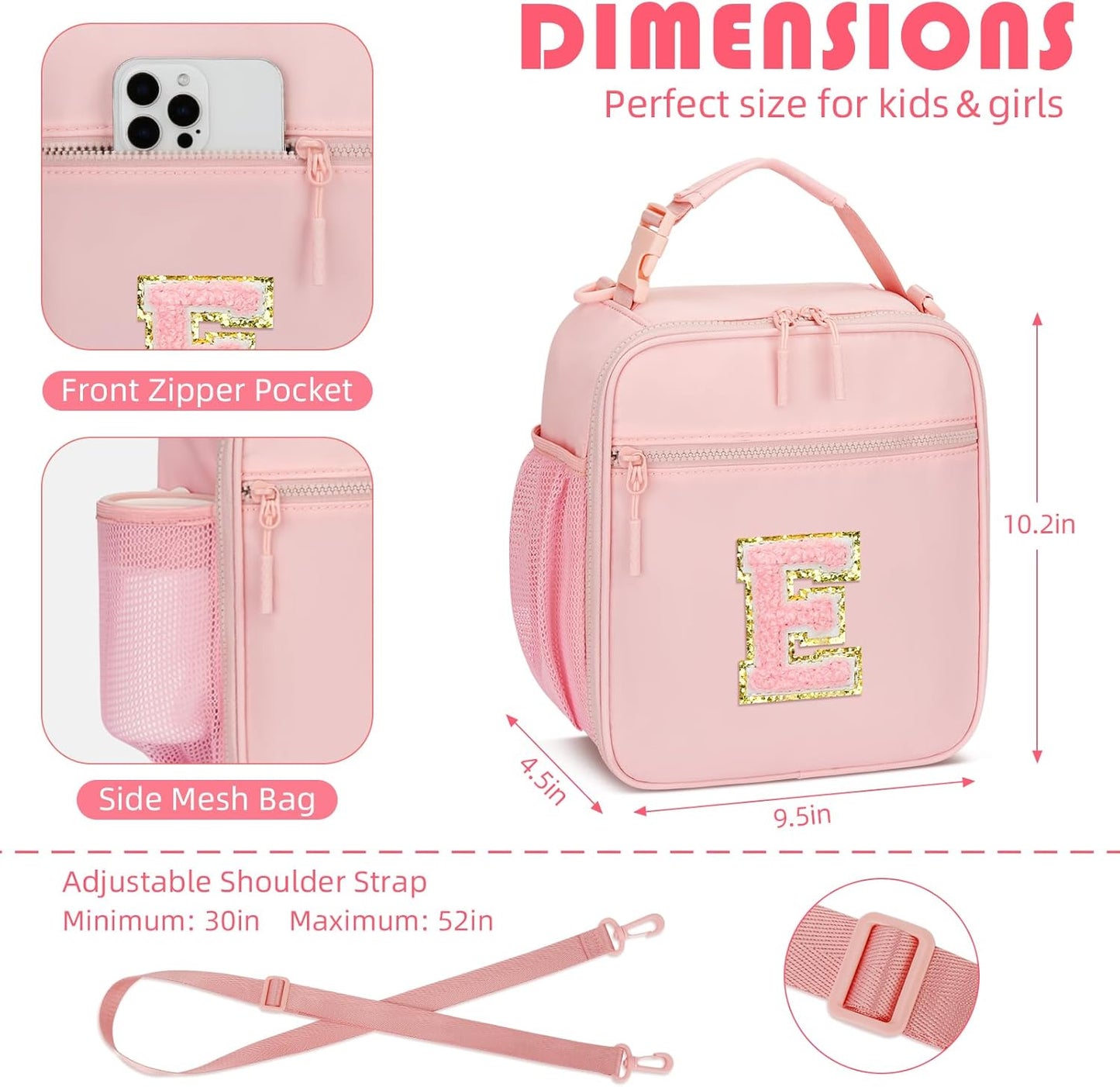 Initial Insulated Lunch Bag for Girls Kids, Back to School Gift, Reusable Leak-proof Lunch Box with Adjustable Strap for School Daycare Travel Picnic (Pink,E)