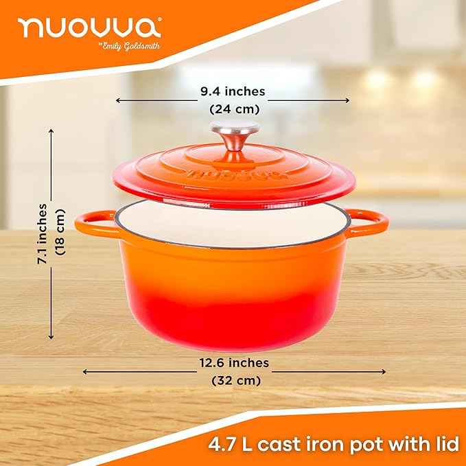 Cast Iron Pot with Lid – Non-Stick Ovenproof Enamelled Casserole Pot, Oven Safe up to 500° F – Sturdy Dutch Oven Cookware – Orange, 5-Quart, 24cm – by Nuovva