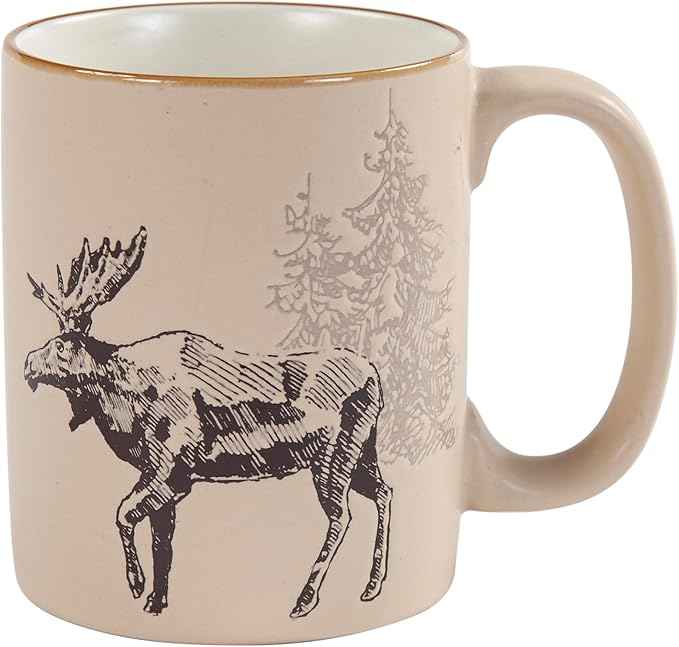 Paseo Road White Pine 16 Piece Ceramic Dinnerware Set, Pine Tree Bear Deer Moose Fox Print, Modern Rustic Cabin Lodge Dish Set with Plates, Bowls, Mugs