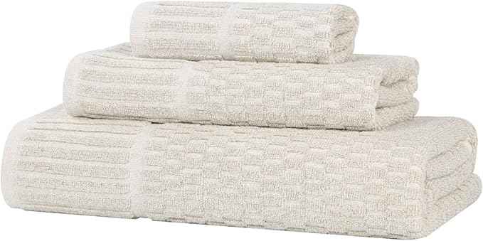 Superior Juno Viscose Cotton Blend Medium Weight Towels, for Bathroom, Shower, Spa, Plush, Quick Dry, Ultra-Soft Towels, Bath Essentials, Border Detail, 3 Piece Assorted Towel Set, Beige