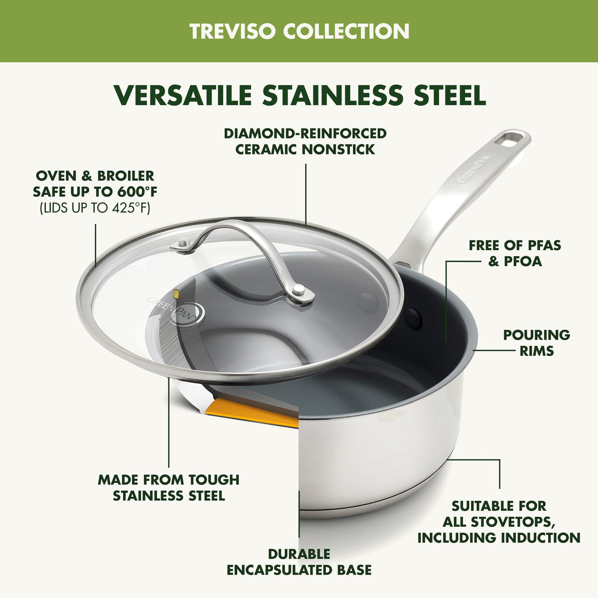 Stainless Steel Treviso 2.1QT Saucepan with Lid