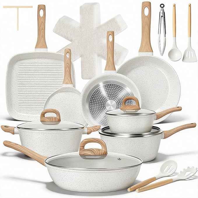 EWFEN 25 Pcs Pots and Pans Set, Nonstick Ceramic Cookware Sets, Healthy Non-Toxic, Large Capacity, Induction Compatible, Cooking Set with Frying Pans & Saucepans, PFAS/PTFE/PFOA Free, Cream White