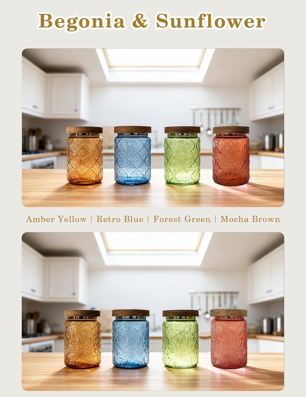 Glass Jar with Airtight Wood Lid – 24 OZ Kitchen and Pantry Canister, Decorative Vintage Storage Container for Candy, Coffee, Cookie, Cereal, Flour, Sugar, Tea, Blue Begonia