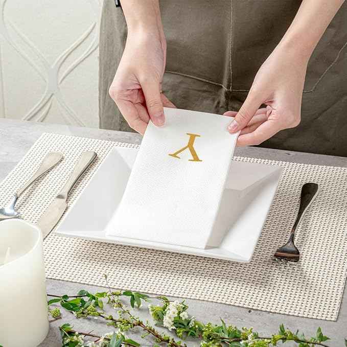Luxenap 15.8 X 7.9 Inch Linen-Feel Guest Towels, 50 Lettered Hand Towels - Gold Letter 'Y', Sans Serif Font, White Paper Dinner Napkins, airlaid, For Restrooms And Tables - Restaurantware