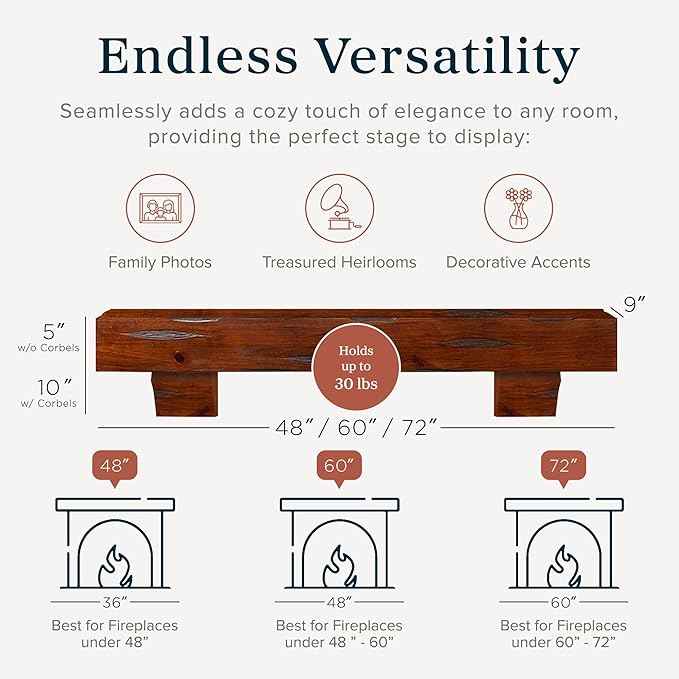 MANTELSDIRECT Breckenridge 60” Fireplace Mantel Shelf with Corbels – Rustic Floating Mantel Shelf for Over Fireplace – Cherry - Wood Shelf for Wall – Pine Box Construction