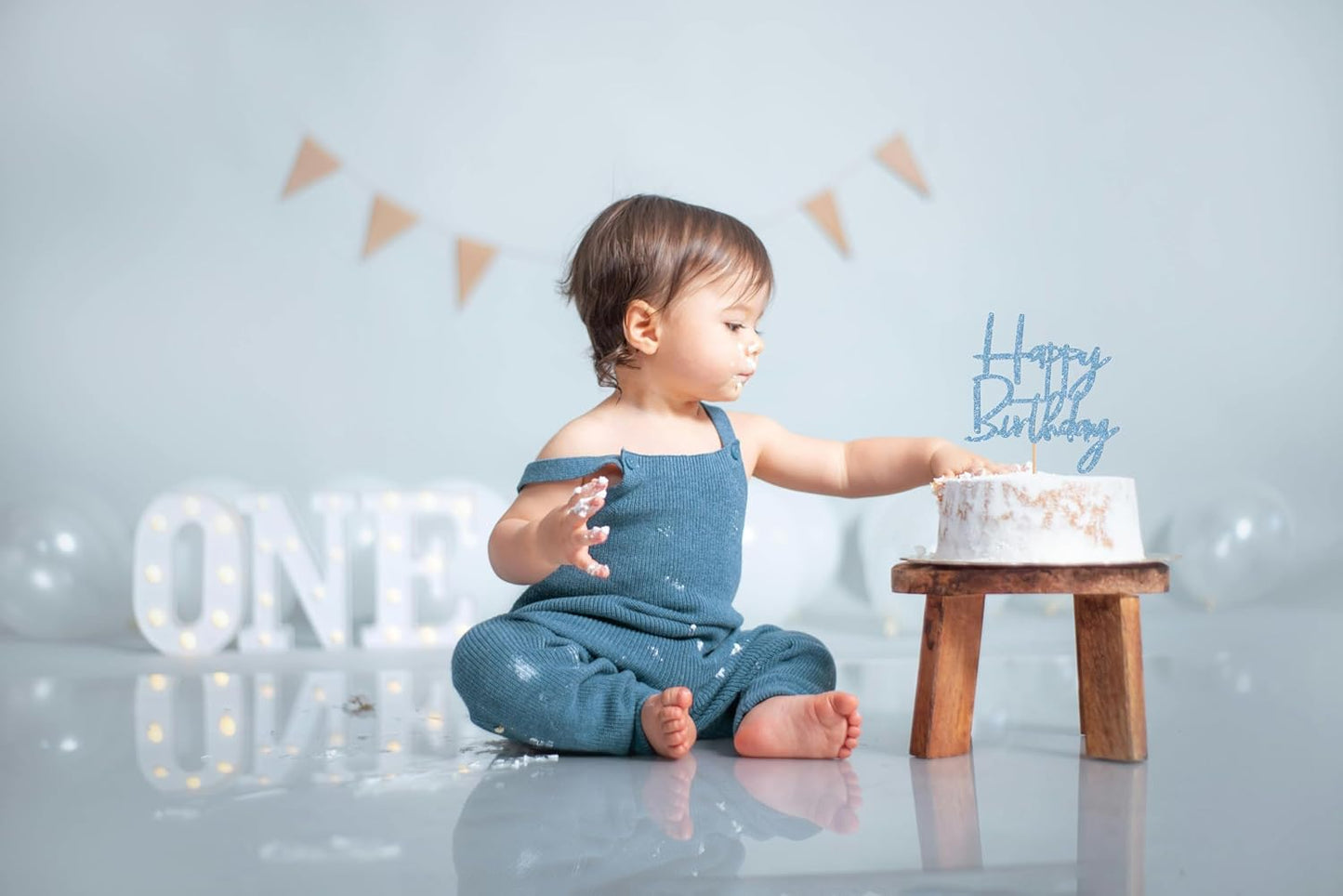 Happy Birthday Cake Topper - Glitter Sky Blue Birthday Cake Top Decorations (Sky Blue)