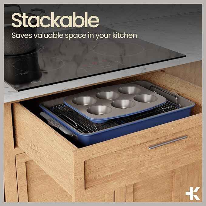 Bakken 8-Piece Ceramic Coated Bakeware Sets, Nonstick Aluminized Steel Pans with Muffin, Loaf, Cake, Roasting Pan, & Cooling Rack, Oven Safe Up To 500°F, Dishwasher Safe, BPA, PTFE & PFAS Free, Blue