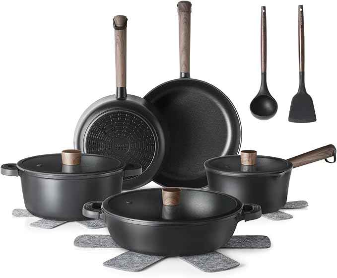 SENSARTE Nonstick Cookware Set Pots and Pans Set Kitchen Non-stick Cooking Set, Dishwasher & Oven Safe, Induction Compatible, Free of Intentionally Added PFOA/PFOS, 15pcs, Black