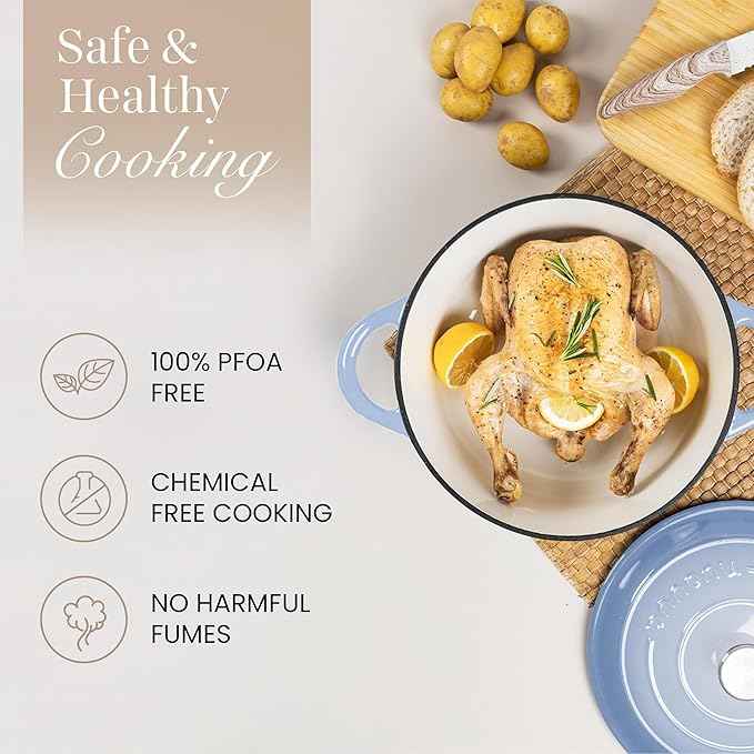 Nuovva Enamelled Cast Iron Dutch Oven Pot with Lid 6.4 Quart Non Stick Casserole Pot – Heavy Duty & Oven Safe up to 500° F for Bread Baking, Braising, Stews, Roasting – 28cm Costal Blue