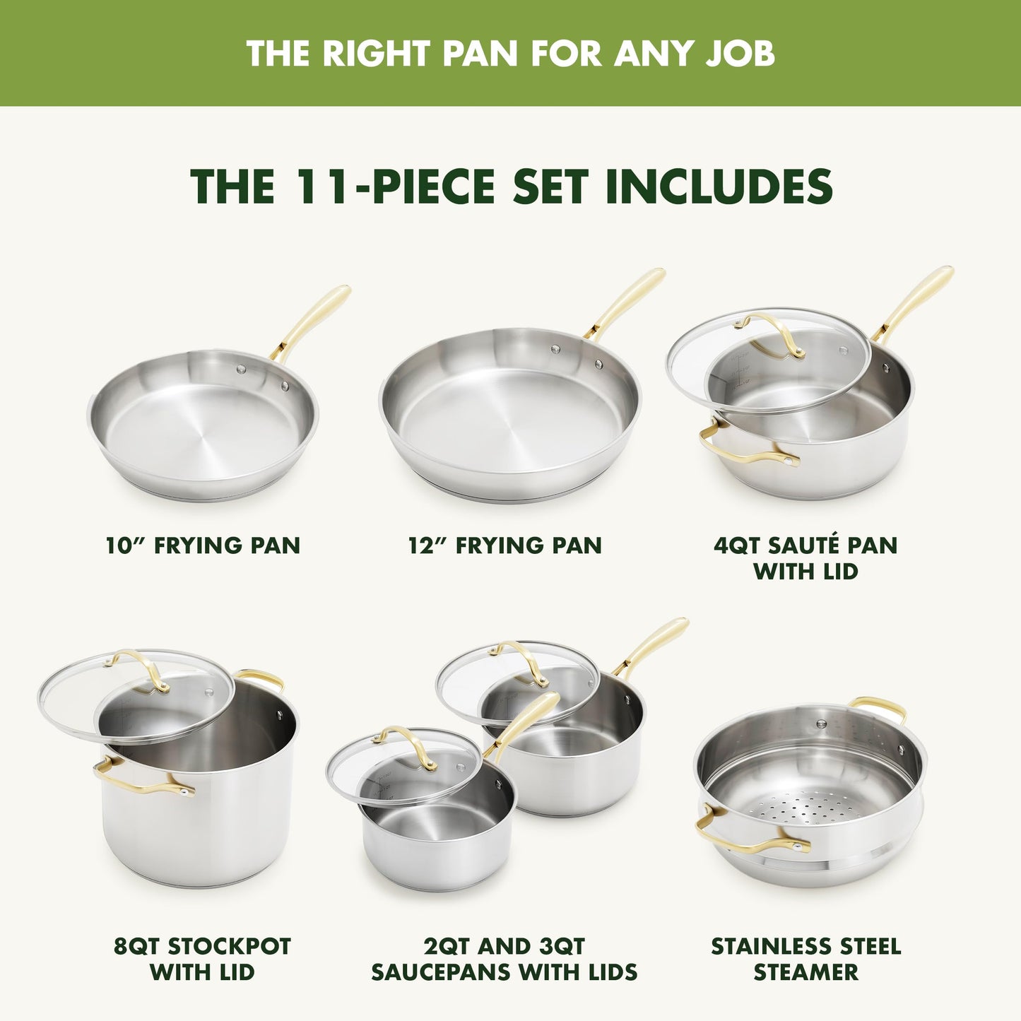 Stainless Steel Cookware Set (Gold-Tone Handle)