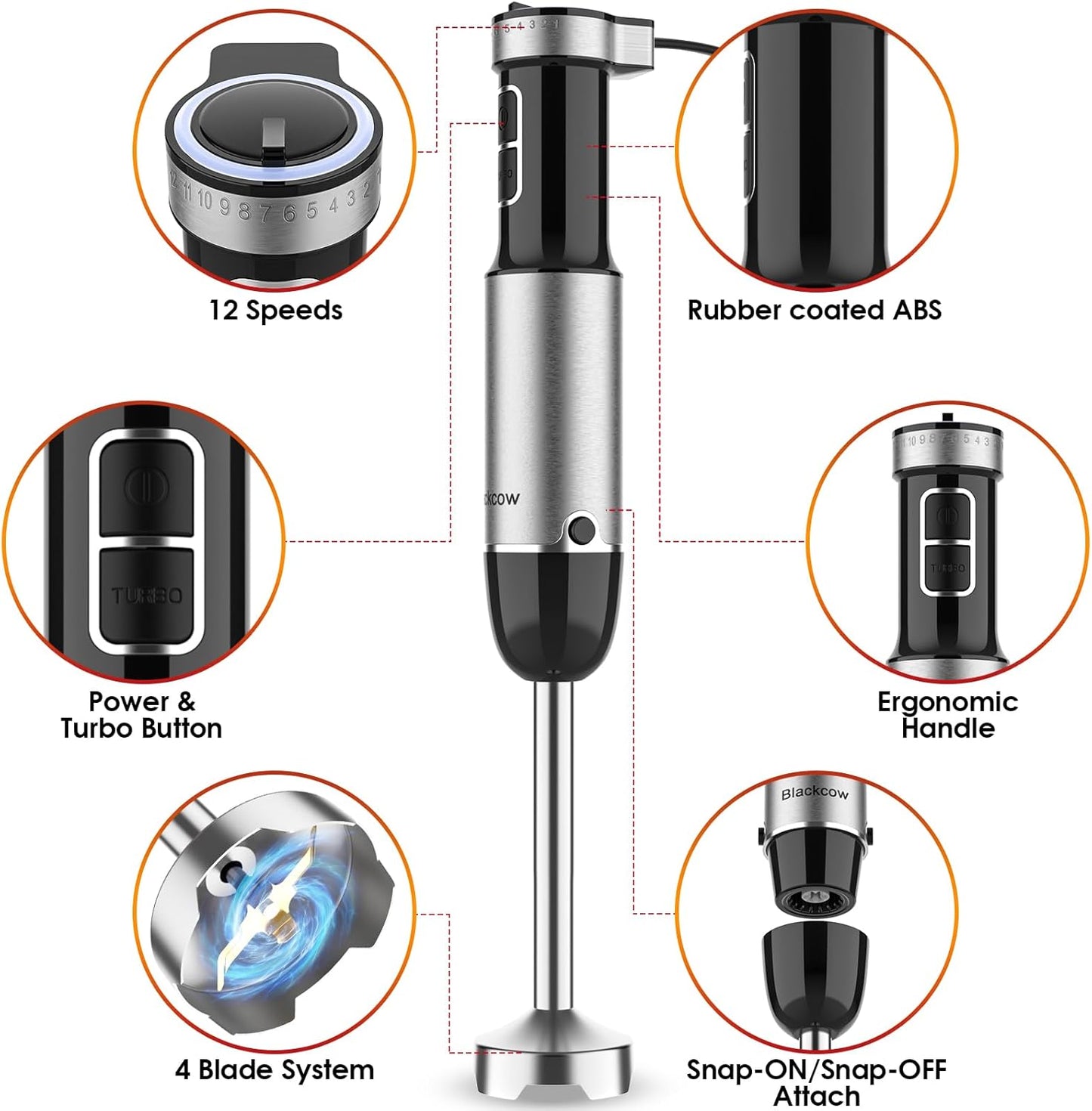 Immersion Blender Handheld, 800W Powerful Electric Hand Blender with Titanium Alloy Blades, 12 Speeds & Turbo, Electric Hand Mixer for Smoothies, Soups, Baby Food and Purees