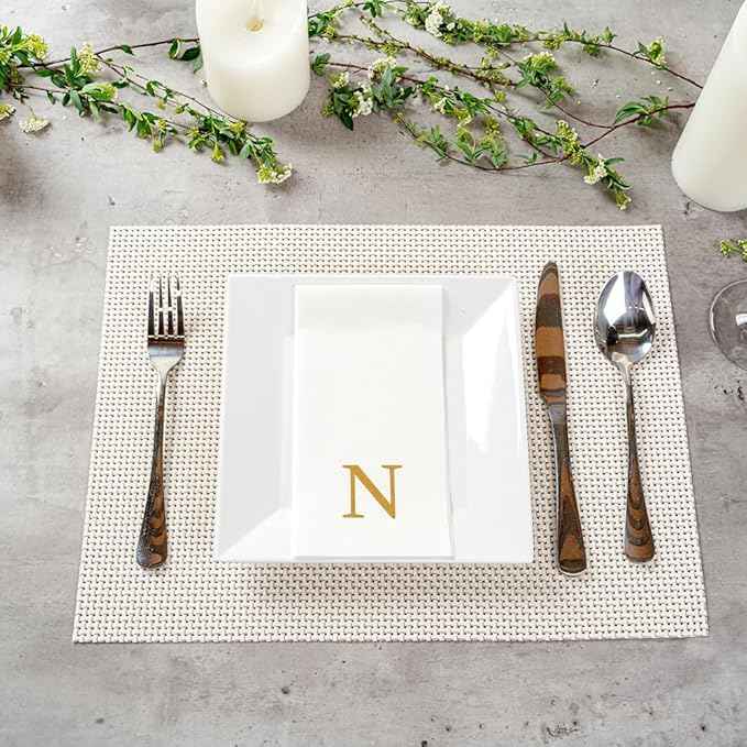 Luxenap 15.8 X 7.9 Inch Linen-Feel Guest Towels, 50 Lettered Hand Towels - Gold Letter 'N', Sans Serif Font, White Paper Dinner Napkins, airlaid, For Restrooms And Tables