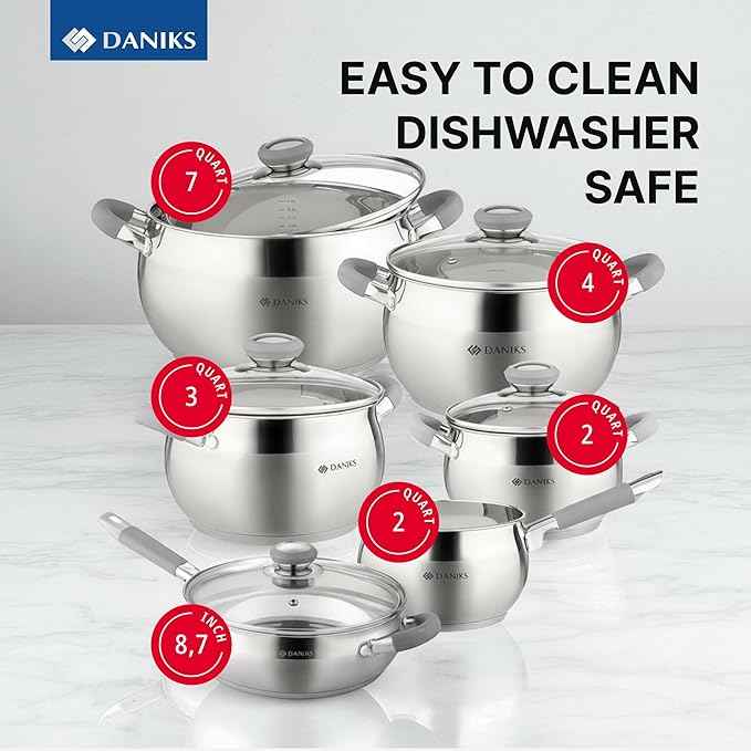 Daniks Modern 11-Piece Stainless Steel Cookware Set with Glass Lids, Includes Saucepan and Frying Pan with Lid, Tri-Ply Bases for Even Heating, Induction Compatible, Dishwasher Safe, Heatproof Handles