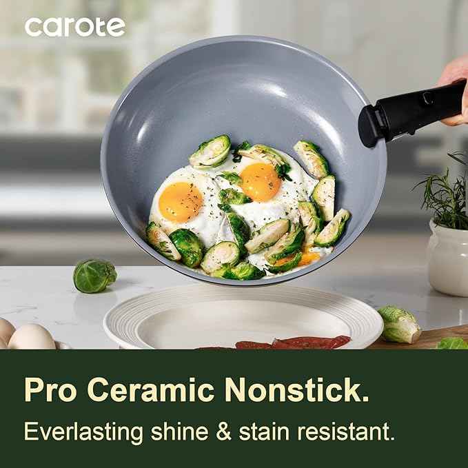 CAROTE 19PCS Ceramic Cookware Sets, Black and Gray, Pots and Pans Set Non Stick Non Toxic, Induction Cookware, Kitchen Cookware Sets, Pots Set for Healthy Cooking