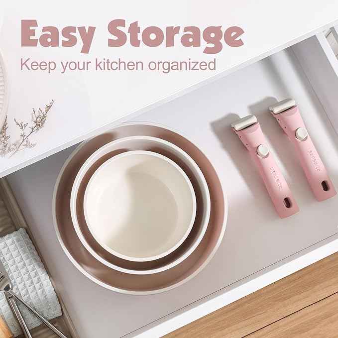 SENSARTE 24 Piece Ceramic Pots and Pans Set, Nonstick Detachable Handle Cookware, Induction Kitchen Cookware Set with Removable Handle, Healthy Non Stick for RV, Dishwasher＆Oven Safe, PFOA Free (Pink)