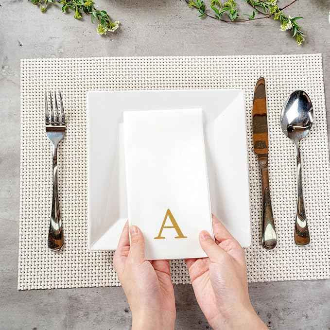 Luxenap 15.8 X 7.9 Inch Linen-Feel Guest Towels, 2000 Lettered Hand Towels - Gold Letter 'A', Sans Serif Font, White Paper Dinner Napkins, airlaid, For Restrooms And Tables - Restaurantware