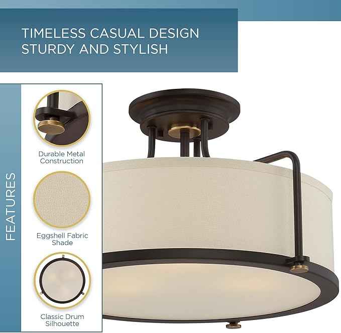 Quoizel Rigel Semi-Flush Mount Ceiling Light Fixture, 18 Inch 3-Light 100W Western Bronze Hanging Light with Beige Fabric & Frosted Glass Shade for Hallway, Kitchen, Bedroom, Living Room or Office